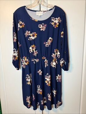 French Grey Navy Floral Empire  Waist 3/4 Sleeve Dress